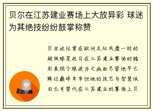 贝尔在江苏建业赛场上大放异彩 球迷为其绝技纷纷鼓掌称赞