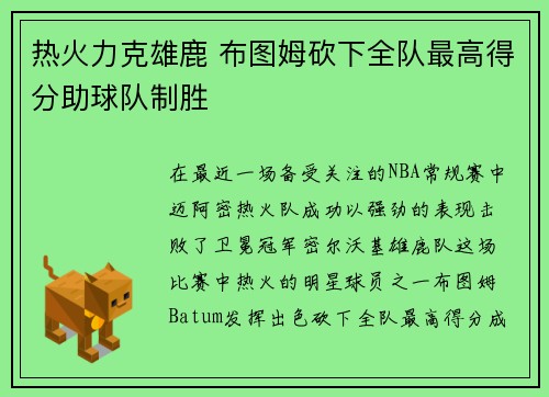 热火力克雄鹿 布图姆砍下全队最高得分助球队制胜