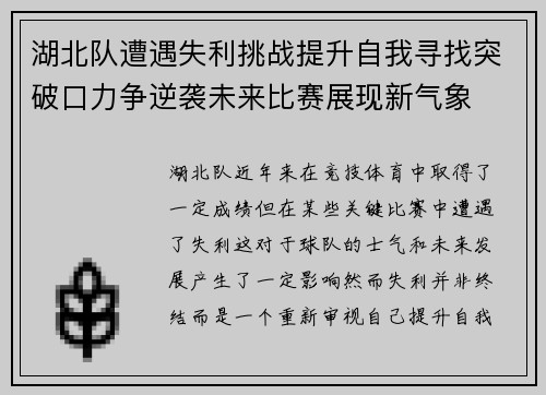 湖北队遭遇失利挑战提升自我寻找突破口力争逆袭未来比赛展现新气象
