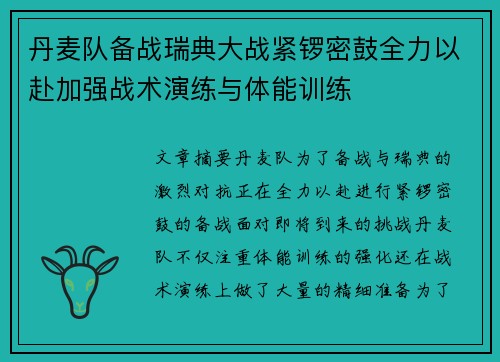 丹麦队备战瑞典大战紧锣密鼓全力以赴加强战术演练与体能训练