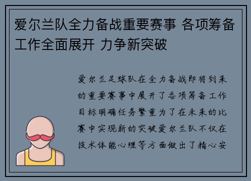 爱尔兰队全力备战重要赛事 各项筹备工作全面展开 力争新突破