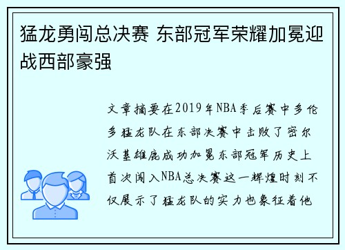 猛龙勇闯总决赛 东部冠军荣耀加冕迎战西部豪强