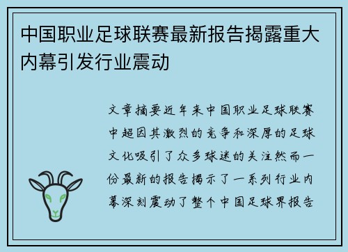 中国职业足球联赛最新报告揭露重大内幕引发行业震动