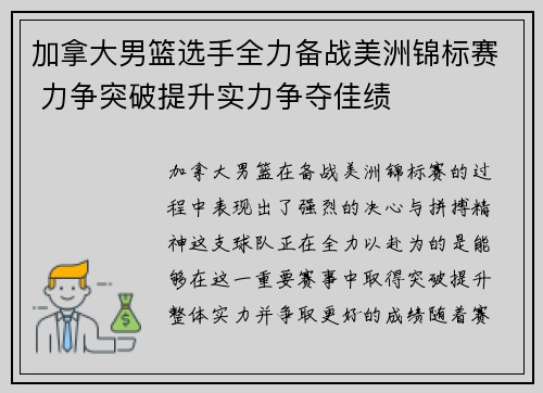 加拿大男篮选手全力备战美洲锦标赛 力争突破提升实力争夺佳绩